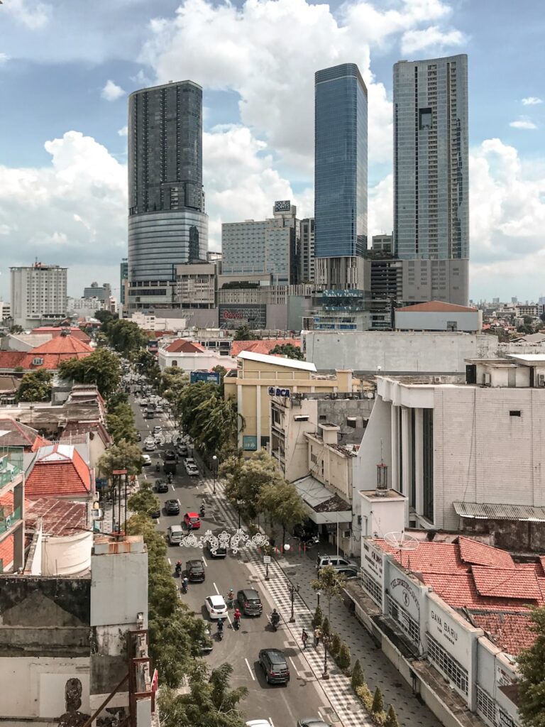a view of a city with tall buildings